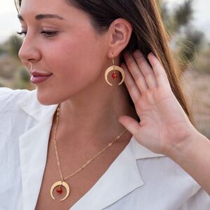 Twisted Silver Brass Moon Carnelian Necklace and Earring Set